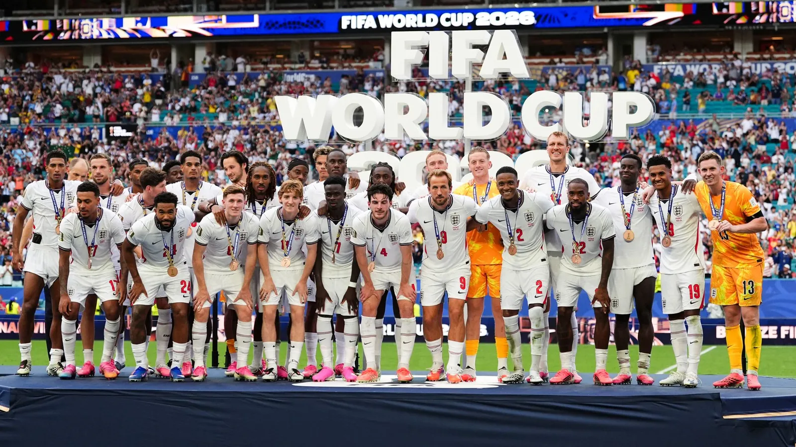 England celebrate finishing third at the World Cup